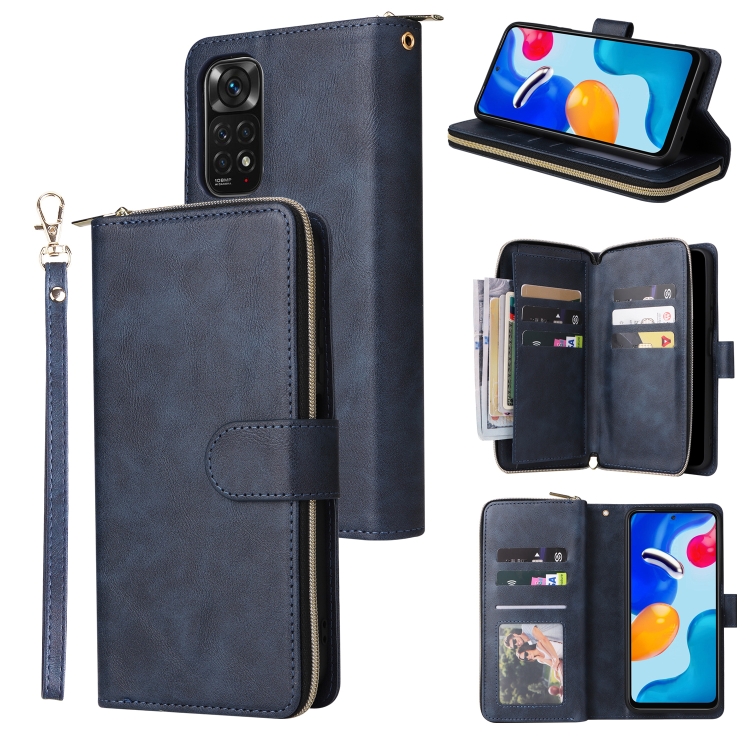

For Xiaomi Redmi Note 11S 9 Card Slots Zipper Wallet Bag Leather Phone Case(Blue)