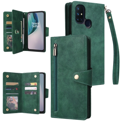 

For OnePlus Nord N10 5G Rivet Buckle 9 Cards Three Fold Leather Phone Case(Green)