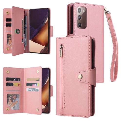 

For Samsung Galaxy Note20 Rivet Buckle 9 Cards Three Fold Leather Phone Case(Rose Gold)