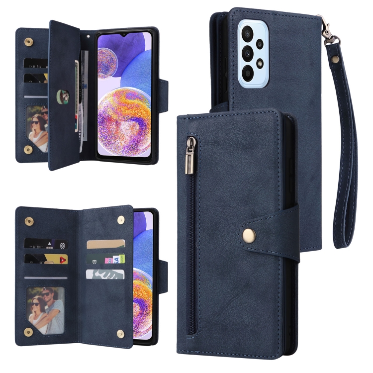 

For Samsung Galaxy A23 4G Rivet Buckle 9 Cards Three Fold Leather Phone Case(Blue)