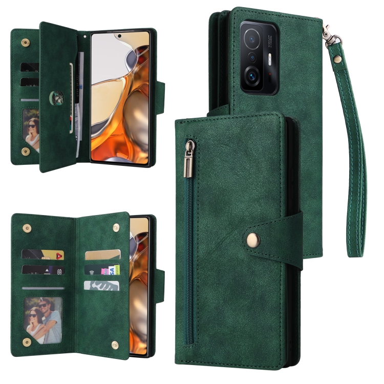 

For Xiaomi 11T Rivet Buckle 9 Cards Three Fold Leather Phone Case(Green)