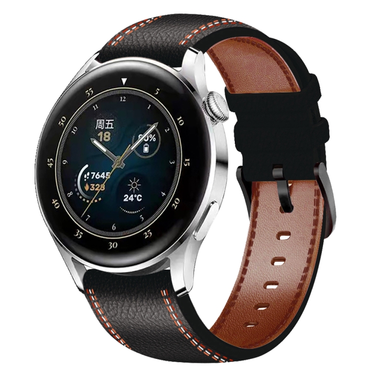 

For Samsung Galaxy Watch 3 45mm Sewing Thread Genuine Leather Watch Band(Black)