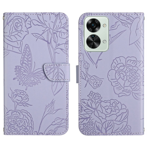 

For OnePlus Nord 2T 5G Skin Feel Butterfly Peony Embossed Leather Phone Case(Purple)