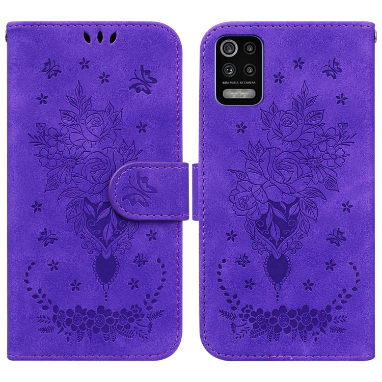 

For LG K52 / K62 / Q52 Butterfly Rose Embossed Leather Phone Case(Purple)