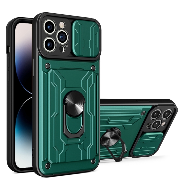 

For iPhone 14 Pro Sliding Camshield TPU+PC Phone Case with Card Slot (Dark Green)