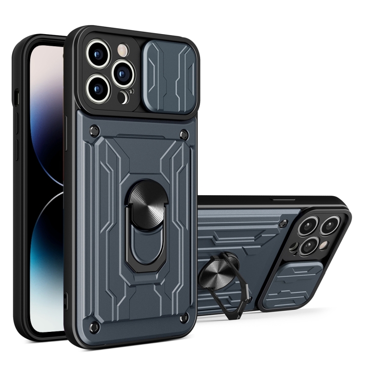 

For iPhone 14 Pro Max Sliding Camshield TPU+PC Phone Case with Card Slot (Grey)