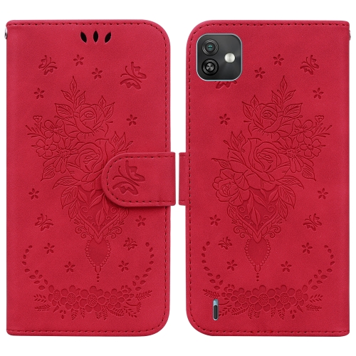 

For Wiko Y82 Butterfly Rose Embossed Leather Phone Case(Red)