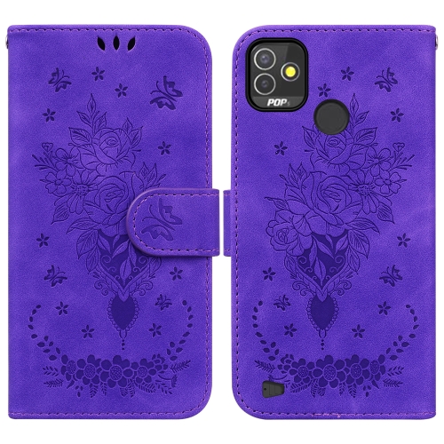 

For Tecno Pop 5P Butterfly Rose Embossed Leather Phone Case(Purple)