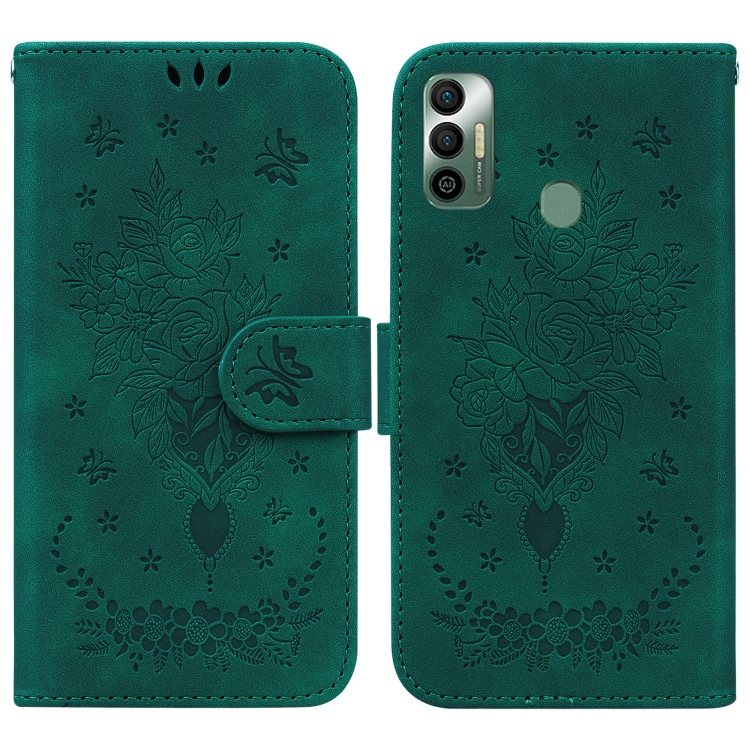 

For Tecno Spark 7 Butterfly Rose Embossed Leather Phone Case(Green)