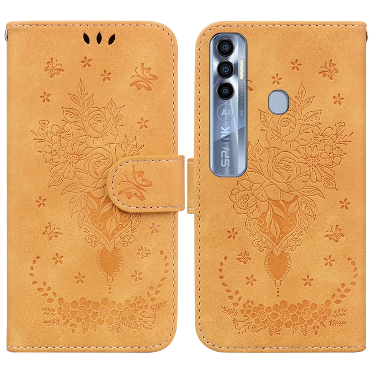 

For Tecno Spark 7 Pro Butterfly Rose Embossed Leather Phone Case(Yellow)