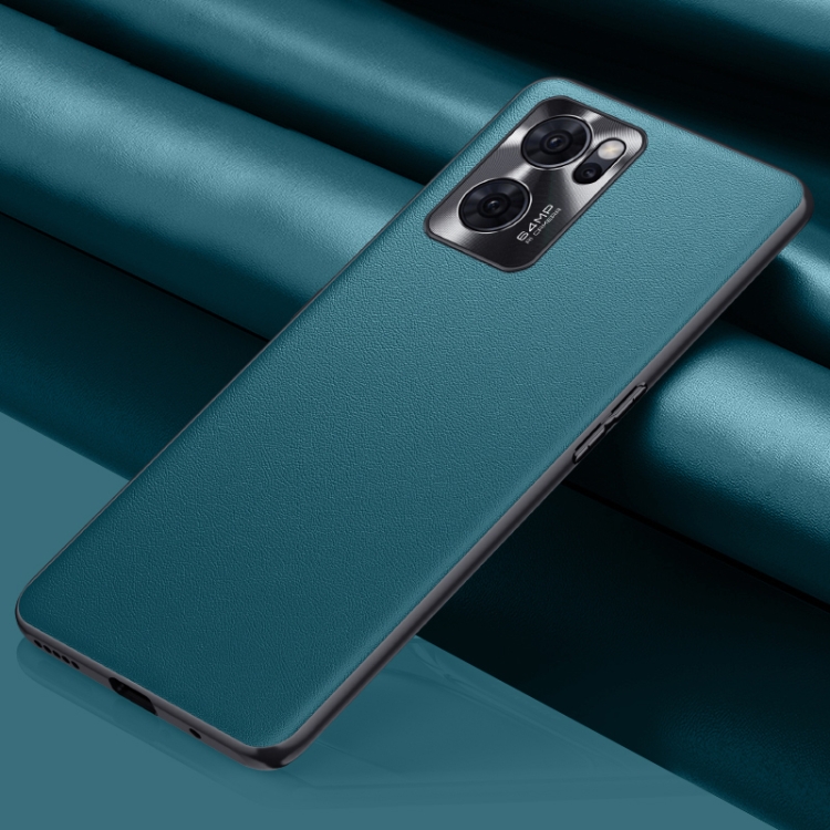 

For OPPO Reno7 Plain Skin Leather Phone Case(Cyan)