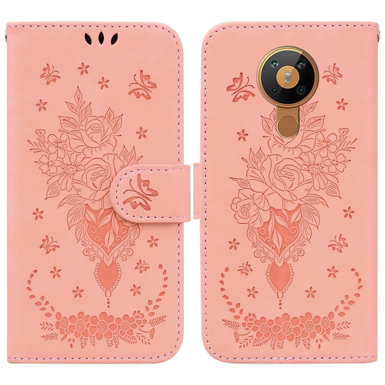 

For Nokia 5.3 Butterfly Rose Embossed Leather Phone Case(Pink)