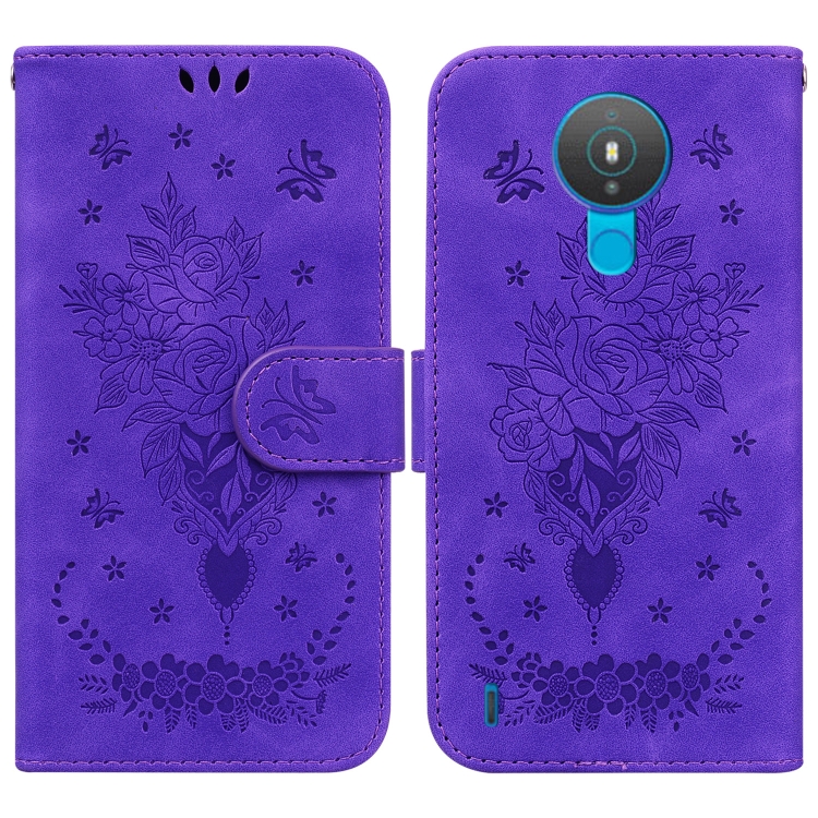 

For Nokia 1.4 Butterfly Rose Embossed Leather Phone Case(Purple)