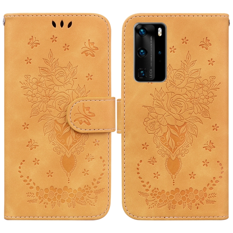 

For Huawei P40 Pro Butterfly Rose Embossed Leather Phone Case(Yellow)