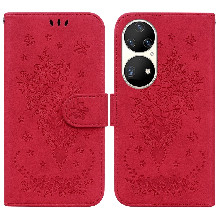 

For Huawei P50 Pro Butterfly Rose Embossed Leather Phone Case(Red)