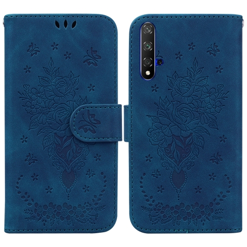 

For Honor 20 / Huawei nova 5T Butterfly Rose Embossed Leather Phone Case(Blue)