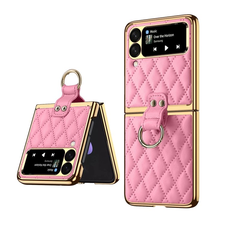 

For Samsung Galaxy Z Flip3 5G Rhombic Leather Texture Ring Holder Phone Case(Pink)