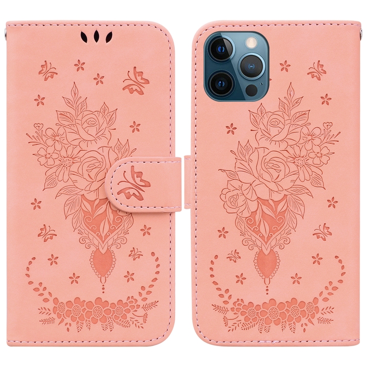 

Butterfly Rose Embossed Leather Phone Case For iPhone 12 Pro Max(Pink)