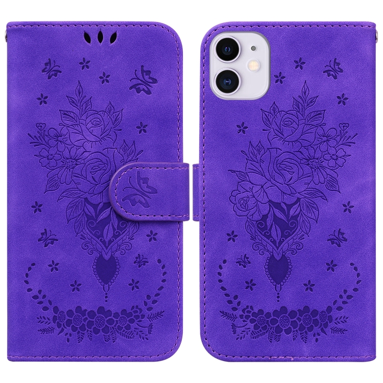 

For iPhone 11 Butterfly Rose Embossed Leather Phone Case (Purple)