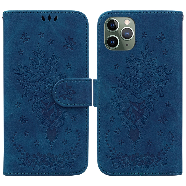 

For iPhone 11 Pro Butterfly Rose Embossed Leather Phone Case (Blue)