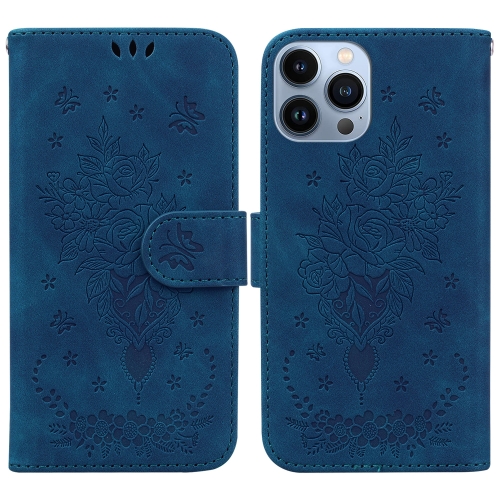 

Butterfly Rose Embossed Leather Phone Case For iPhone 13 Pro Max(Blue)