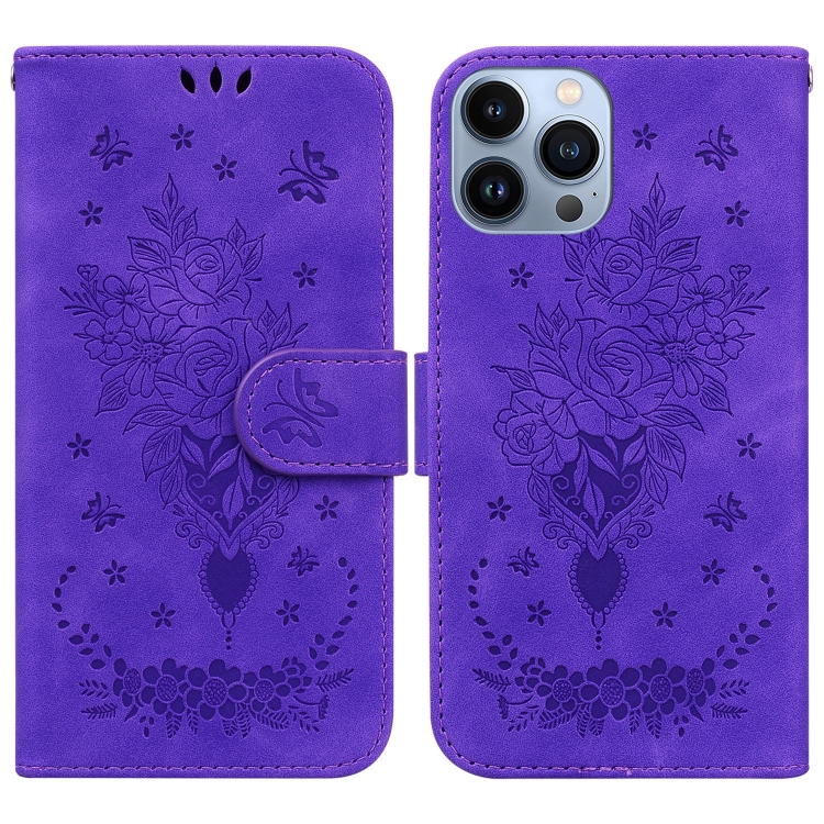

Butterfly Rose Embossed Leather Phone Case For iPhone 13 Pro(Purple)