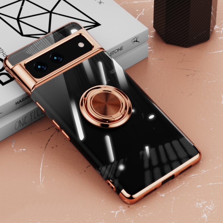 

For Google Pixel 7 5G Electroplating Ring Holder Transparent Phone Case(Rose Gold)