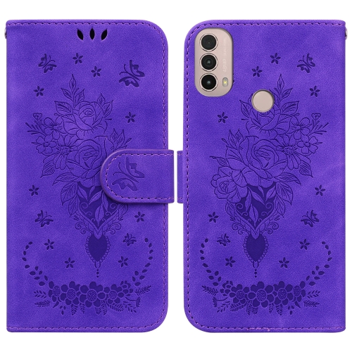 

For Motorola Moto E20 / E30 / E40 Butterfly Rose Embossed Leather Phone Case(Purple)