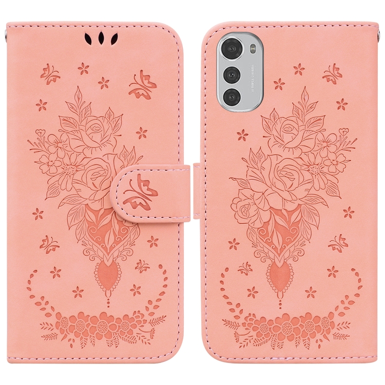 

For Motorola Moto E32 Butterfly Rose Embossed Leather Phone Case(Pink)