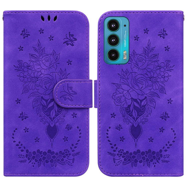

For Motorola Edge 20 Butterfly Rose Embossed Leather Phone Case(Purple)