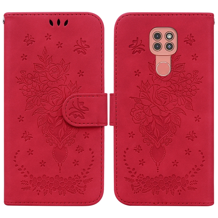 

For Motorola Moto G9 Plus Butterfly Rose Embossed Leather Phone Case(Red)