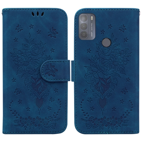 

For Motorola Moto G50 Butterfly Rose Embossed Leather Phone Case(Blue)