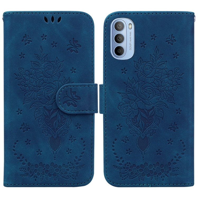 

For Motorola Moto G51 Butterfly Rose Embossed Leather Phone Case(Blue)