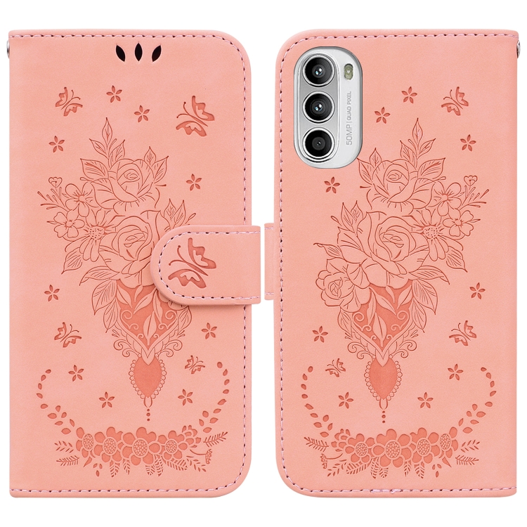 

For Motorola Moto G52 Butterfly Rose Embossed Leather Phone Case(Pink)