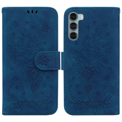 

For Motorola Moto G200 5G / Edge S30 Butterfly Rose Embossed Leather Phone Case(Blue)