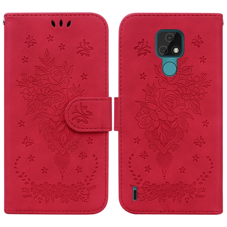 

For Motorola Moto E7 Butterfly Rose Embossed Leather Phone Case(Red)