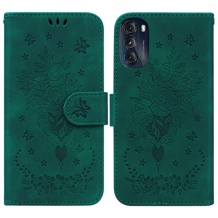 

For Motorola Moto G 2022 Butterfly Rose Embossed Leather Phone Case(Green)