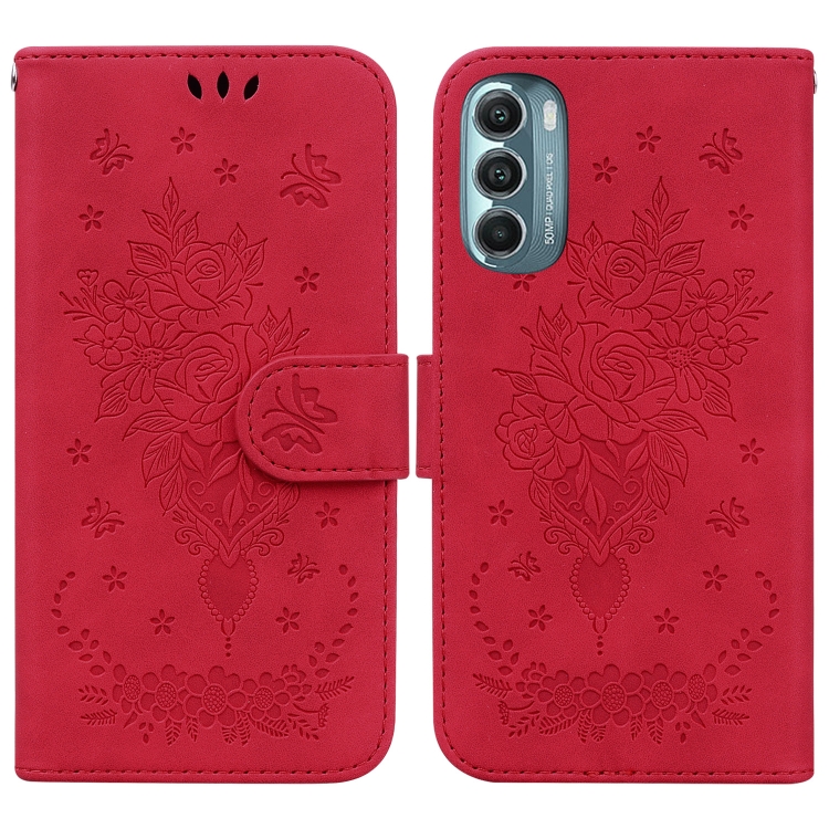 

For Motorola Moto G Stylus 5G 2022 Butterfly Rose Embossed Leather Phone Case(Red)