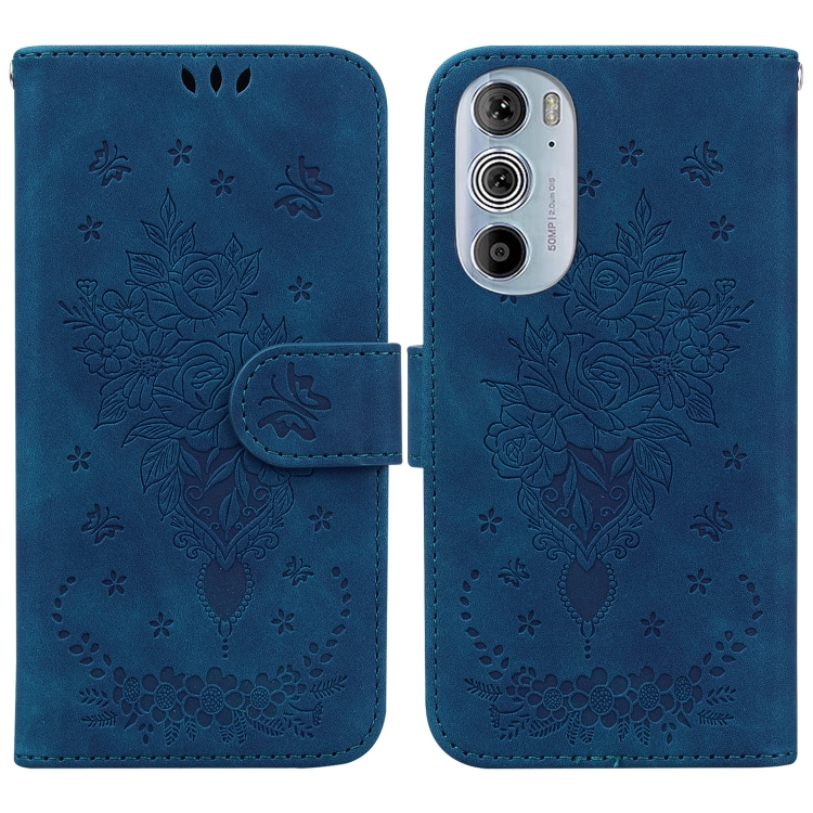 

For Motorola Edge+ 2022 / Edge 30 Pro Butterfly Rose Embossed Leather Phone Case(Blue)