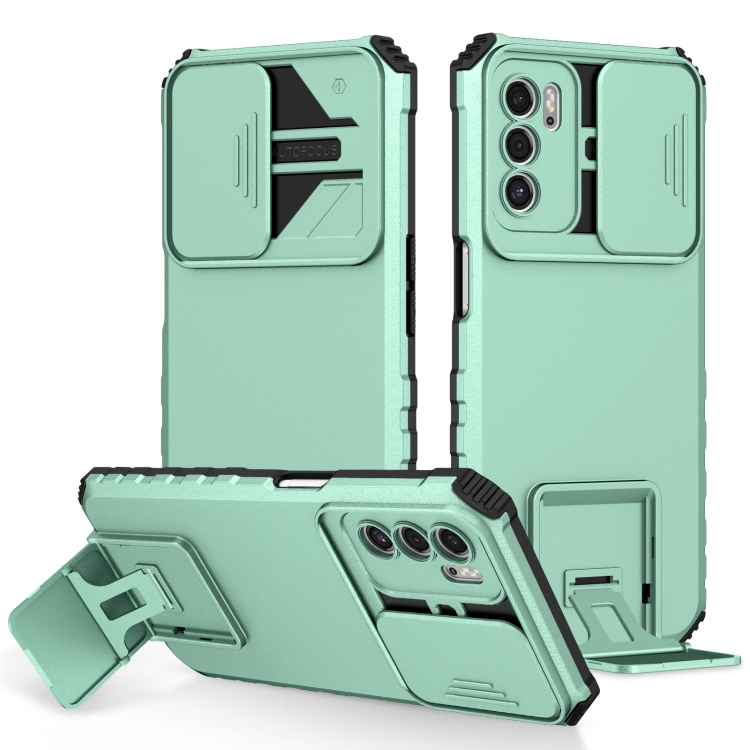 

For OPPO A16 Stereoscopic Holder Sliding Camshield Phone Case(Light Blue)