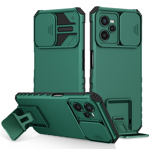 

For OPPO Realme C35 Stereoscopic Holder Sliding Camshield Phone Case(Dark Green)