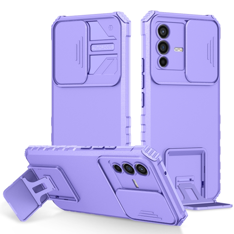

For vivo V23 5G Stereoscopic Holder Sliding Camshield Phone Case(Purple)