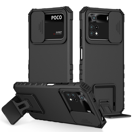 

For Xiaomi Poco M4 Pro 4G Stereoscopic Holder Sliding Camshield Phone Case(Black)