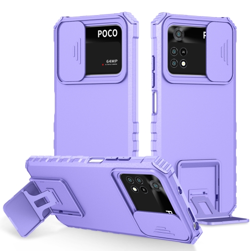 

For Xiaomi Poco M4 Pro 4G Stereoscopic Holder Sliding Camshield Phone Case(Purple)