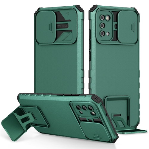 

For Samsung Galaxy A02s US Stereoscopic Holder Sliding Camshield Phone Case(Dark Green)