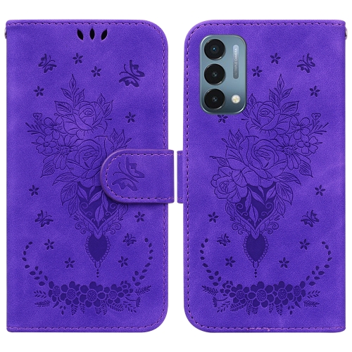 

For OnePlus Nord N200 5G Butterfly Rose Embossed Leather Phone Case(Purple)