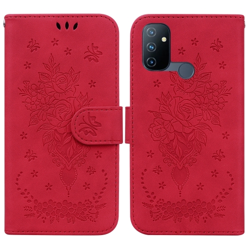 

For OnePlus Nord N100 Butterfly Rose Embossed Leather Phone Case(Red)