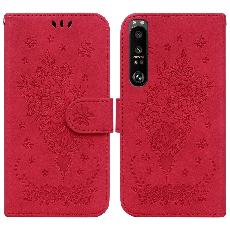 

For Sony Xperia 1 III Butterfly Rose Embossed Leather Phone Case(Red)