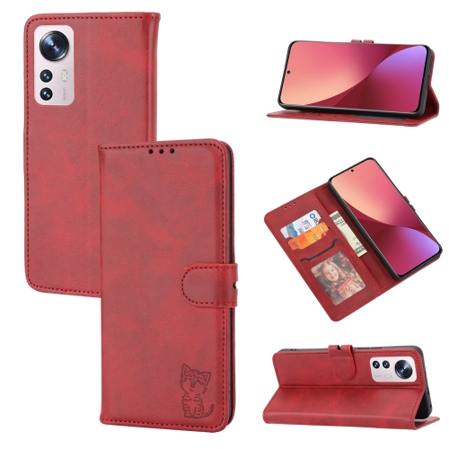 

For Xiaomi 12 Lite Happy Cat Embossed Flip Leather Phone Case(Red)