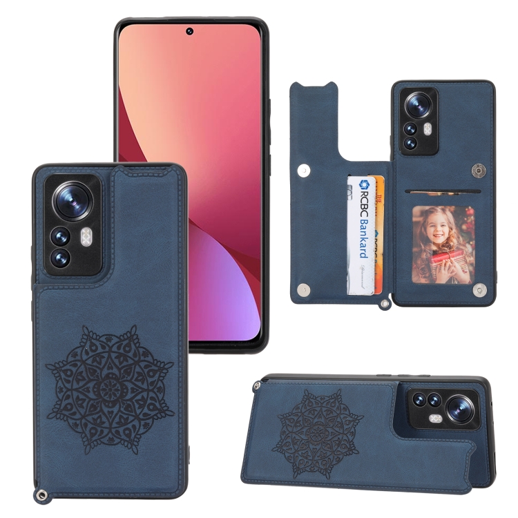 

For Xiaomi 12 Pro Mandala Embossed Card Slots Magnetic Phone Case(Blue)